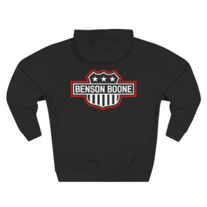 Black Benson Boone hoodie back with shield badge logo