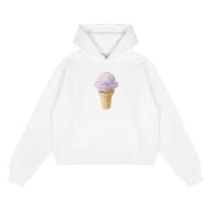 White Benson Boone hoodie front with purple ice cream cone print