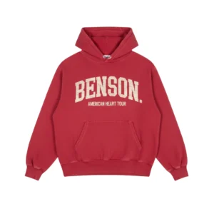 Washed red Benson Boone hoodie front with Benson American Heart Tour text
