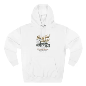 White Benson Boone hoodie front with Beautiful Things motel design