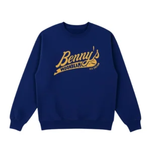 Navy Benson Boone sweatshirt with Benny's Moonbeam Ice Cream logo
