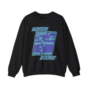 Black Benson Boone sweatshirt with blue purple posterized silhouette poster print