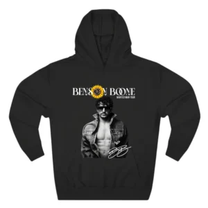 Black Benson Boone Hoodie with denim jacket portrait front print