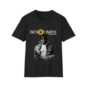 Black Benson Boone T-Shirt with denim jacket portrait front print