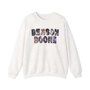 White Benson Boone sweatshirt with name in photo collage letters