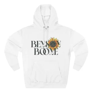 White Benson Boone hoodie front with sunflower name logo