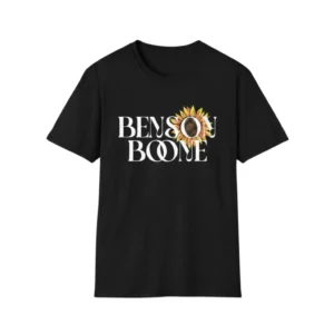 Black Benson Boone t-shirt front with sunflower name logo