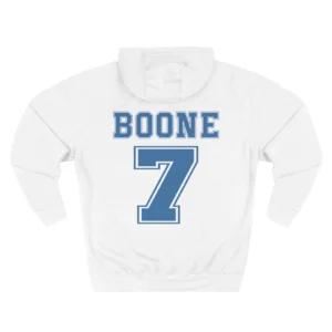 White Benson Boone hoodie back with varsity Boone 7