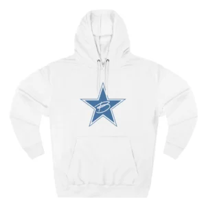 White Benson Boone hoodie front with blue star B monogram