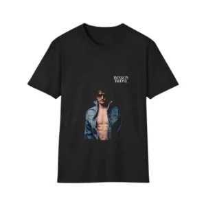 Black Benson Boone T-Shirt with denim jacket portrait front print