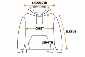 Benson Boone hoodie size guide showing chest, shoulder, sleeve, and length measurements with arrows for the perfect fit.