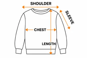 Benson Boone sweatshirt size guide showing chest, shoulder, sleeve, and length measurements with arrows for the perfect fit.
