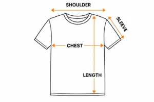 Benson Boone T-shirt size guide showing chest, shoulder, sleeve, and length measurements with arrows for the perfect fit.